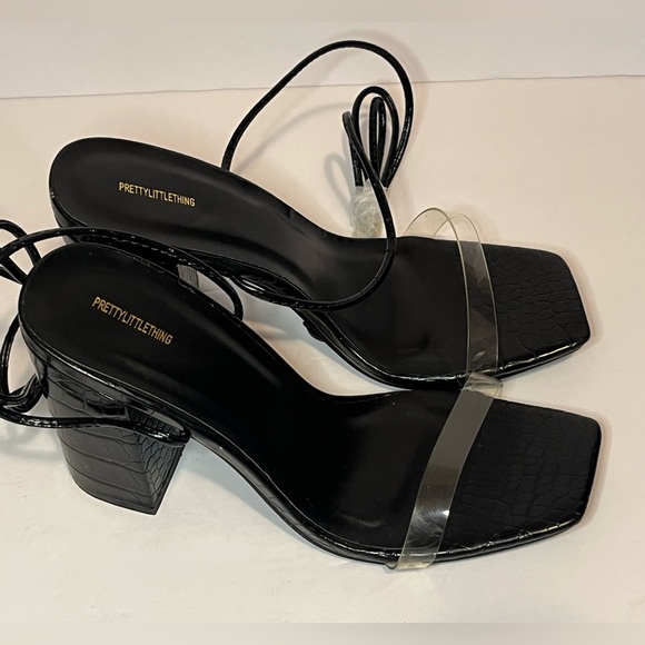 Pretty Little Thing Black Wide Fit Block Heel Ankle Tie Strappy Sandals NWOT - Picture 11 of 16